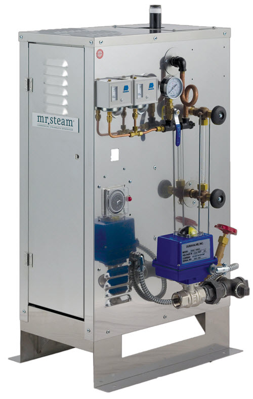 For continuous use steam rooms or ones larger than 675 cubic feet, opt for MrSteam’s CU series of pressurized boilers.