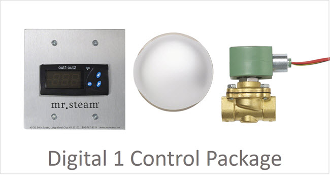 The commercial steam bath control package consists of the digital one temperature control and sensor, steam solenoid, and steam head with steam deflector.