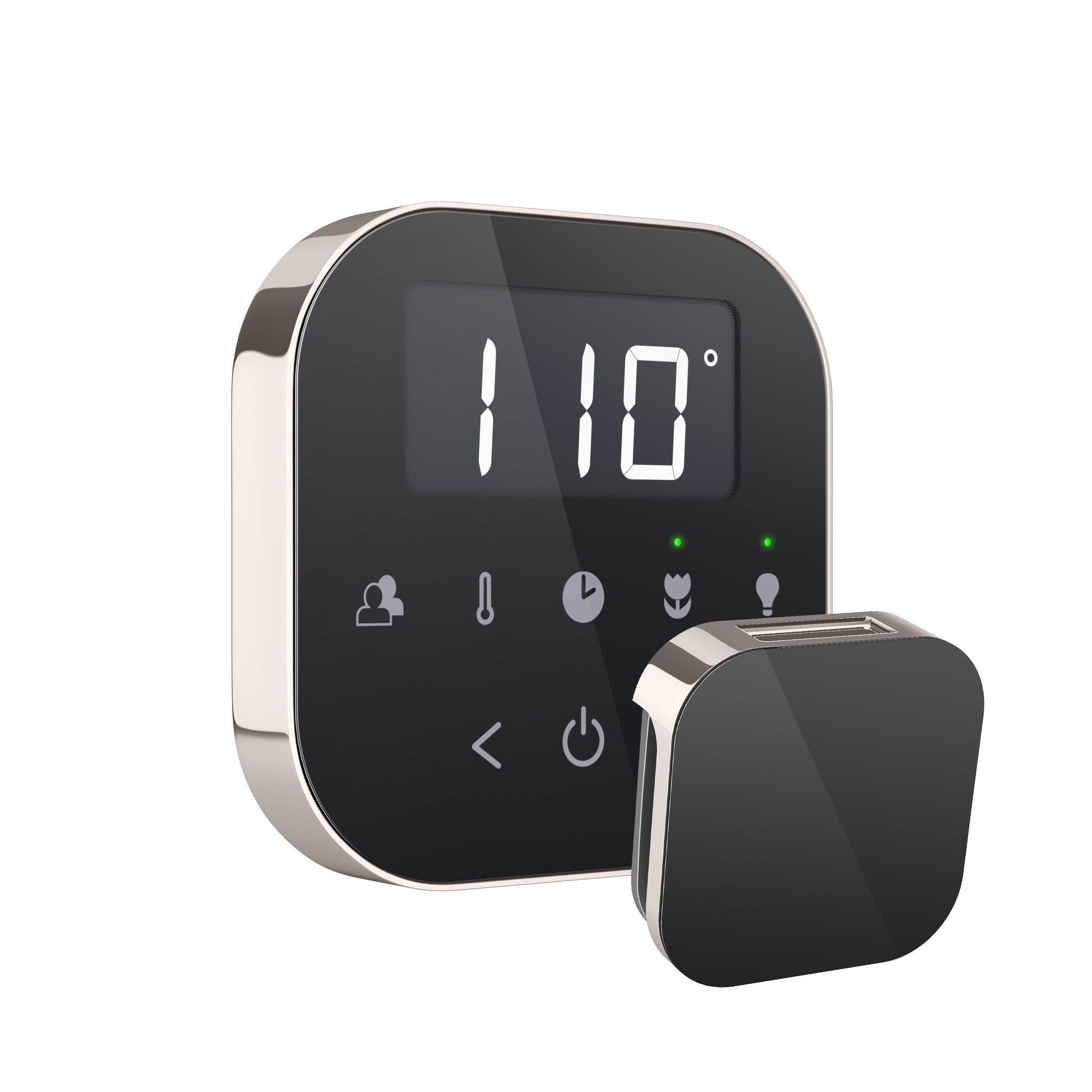 MrSteam AirTempo Control and Aroma Glass SteamHead Black PC Angled Isolated