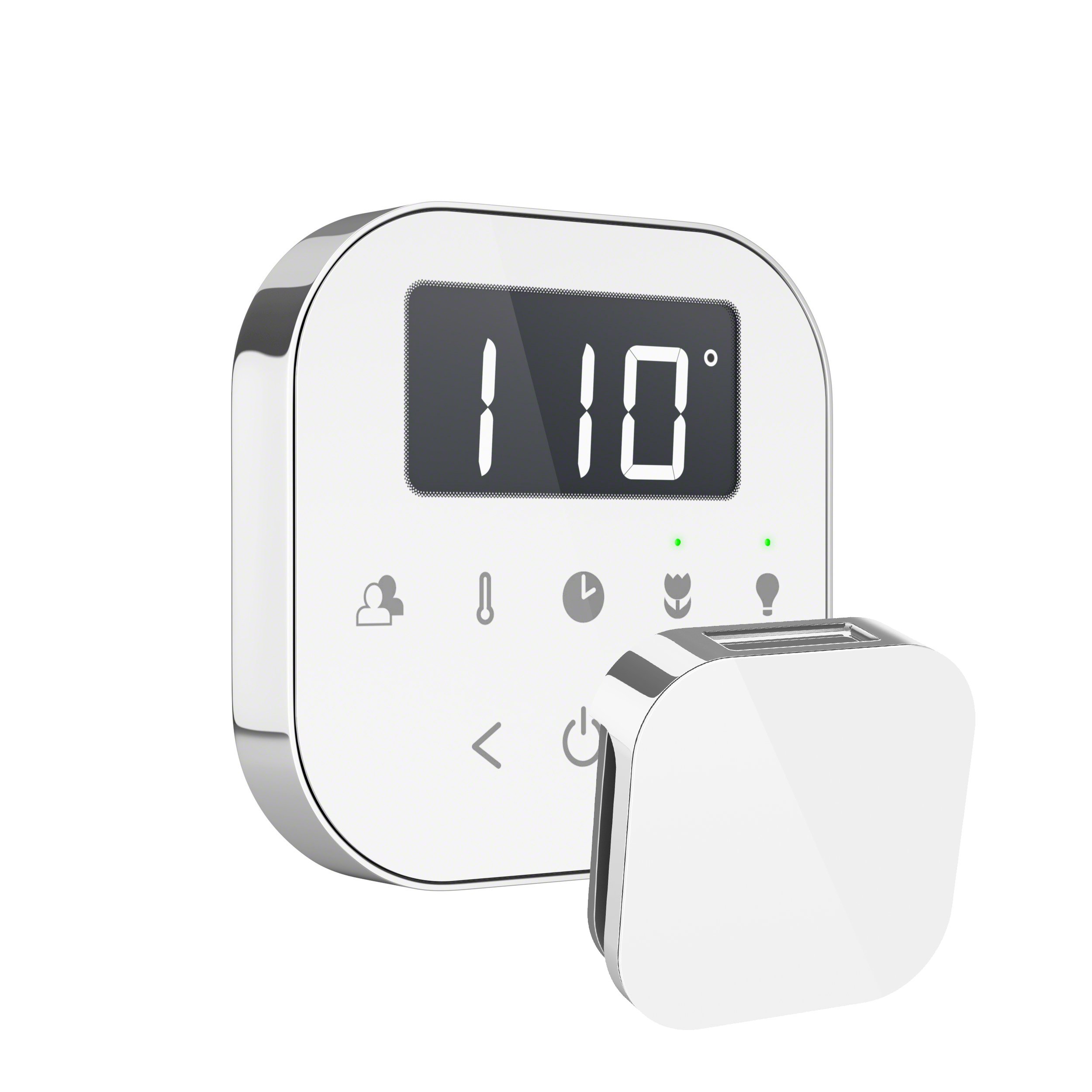 MrSteam AirTempo Control and Aroma Glass SteamHead White PC Angled Isolated