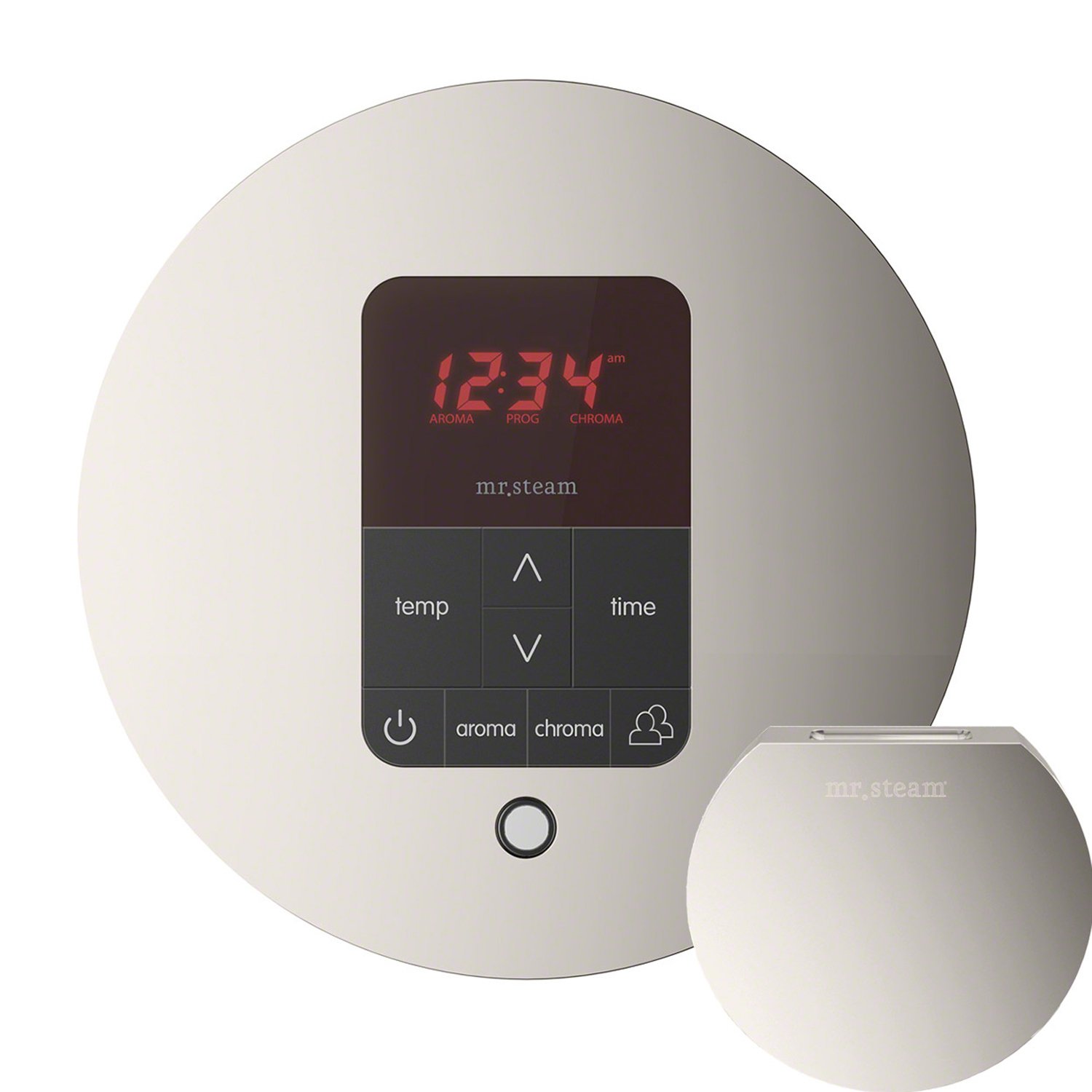 MrSteam iTempoPlus Round Brushed Nickel with Aroma Designer SteamHead